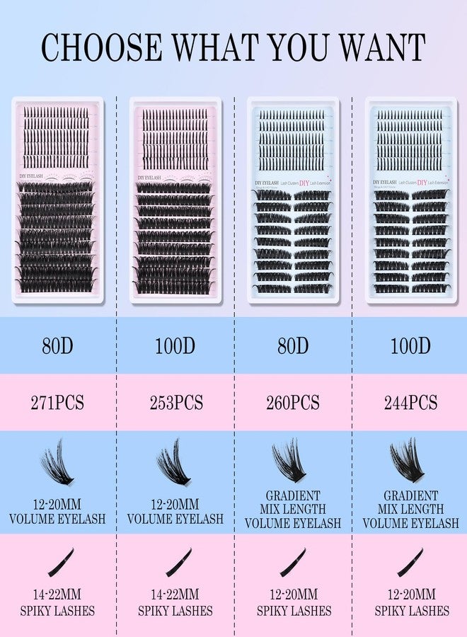 FREEORR 262Pcs Lash Cluster Kit, 100D Mix Length Thick Volume Eyelash Cluster, 12-20mm Spiky Lashes Extension, Wispy Fluffy Spikes Individual Lashes Extension Kit with Lash Bond and Seal, Tweezers - Image 2